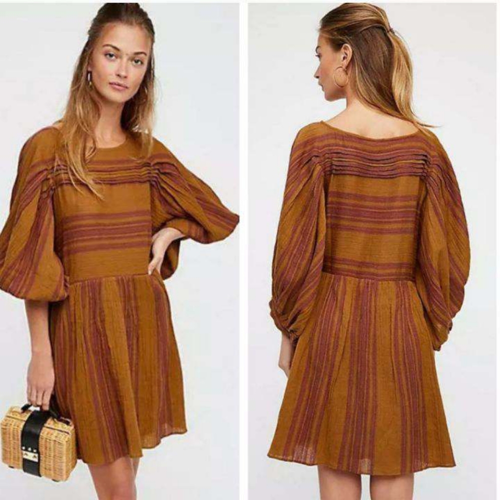 Free People Lilly Puff Sleeve Bohemian Stripe Dress Size Large